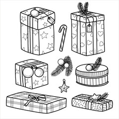 Christmas gift boxes decorated with spruce branches, balls.Oorange slice, stars, winter  christmas decorations. Vector illustration.