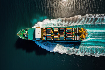 Aerial view of Cargo ship container in the ocean transportation, shipping freight transportation. Generative AI.