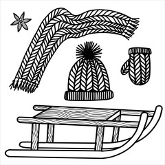 Christmas clipart.  Vintage knitted skarf, hat, mittens, sled, winter, Santa, retro  deco. Stock illustration. Vector, line art.