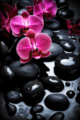 illustration of pink orchids on wet stones. vertical. Spa concept. generative AI