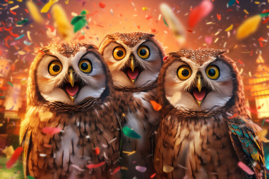 3 fr&ouml;hliche crazy Eulen mit Konfetti in Partystimmung. Generative Ai