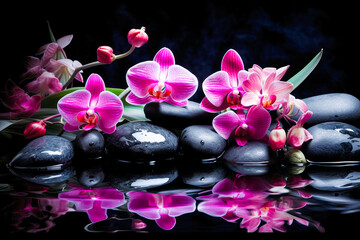 Naklejka na ściany i meble illustration of pink orchids on wet stones. Spa concept. horizontal. generative AI