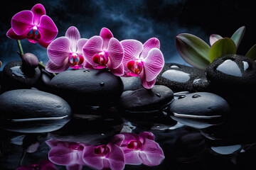 Fototapeta na wymiar beautiful illustration of pink orchids on wet black stones. Spa concept. generative AI