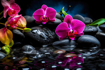 Fototapeta na wymiar illustration of beautiful pink orchids on wet stones. Spa concept. generative AI