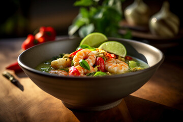 A spicy Thai green curry made with prawns and vegetables is served in a bowl. (Generative AI)