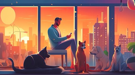 People and their pets illustrations. training and playing with their pets, encouragement concept. family illustration in cartoon style, Generative AI illustration