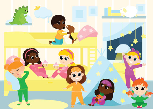 Children's pajama party in the bedroom in a cartoon style. Children eat cupcakes, play, dance, talk near the double bed. The picture can be used for puzzles.