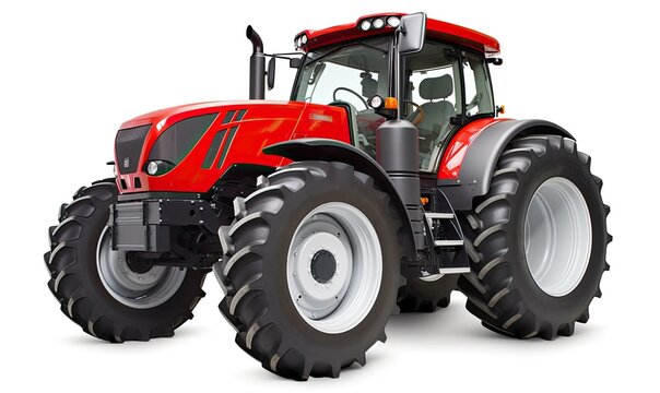 Red modern tractor for agricultural use on white backdrop. Creating using generative AI tools