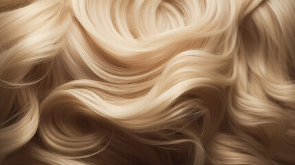 Close-up of curly blonde hair strands, beauty and fashion concept. Macro shot of  female blond  hair strands, top view. Hair care concept. Tuft Blonde hair.  AI generated - obrazy, fototapety, plakaty