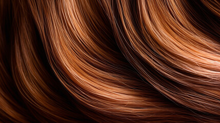 Close-up of wavy brown hair strands on dark background, beauty and fashion concept. Macro shot of  female chestnut hair strands, top view. Hair care concept. Tuft brown hair.  AI generated