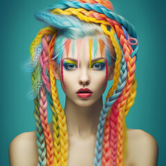 Portrait of a beautiful young woman with braids hairstyle. Beautiful Young woman with long braided vivid colors hair. Beauty, Fashion concept.  Hairdresser salon concept.   AI generated - obrazy, fototapety, plakaty