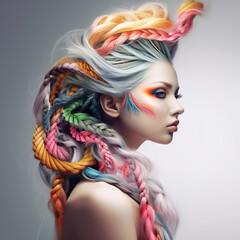 Portrait of a beautiful young woman with braids hairstyle. Beautiful Young woman with long braided vivid colors hair. Beauty, Fashion concept.  Hairdresser salon concept.   AI generated