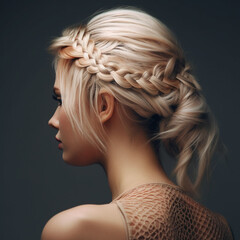 Young woman with  long braided blonde hair, profile view.  Hairdresser salon concept. Braided blonde  hairstyle. Model  with long creative braided hairstyle.  AI generated - obrazy, fototapety, plakaty