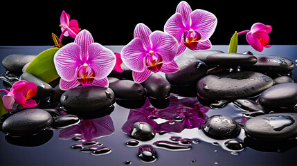 Fototapeta na wymiar illustration of pink orchids on black stones with reflection. free space. Spa concept. generative AI