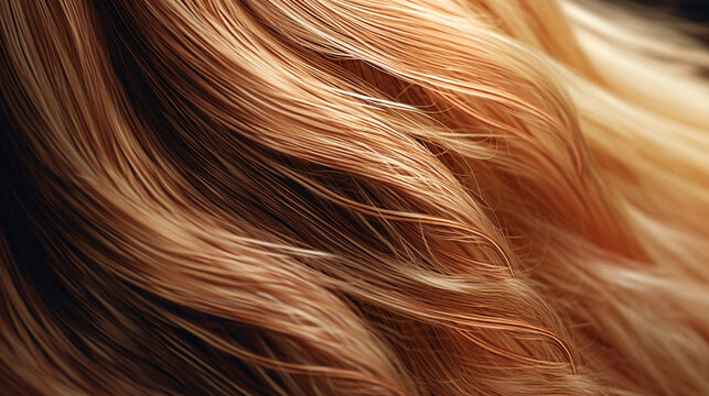 Strands of  Beautiful long blonde  wavy hair colored in light brown color.  Closeup of  beautiful curly hair. Beauty, Fashion. Hairdresser salon concept. Macro shot of female hair. AI generated