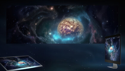 Fototapeta na wymiar Monitor and tablet in the foreground with the background of celestial galaxy