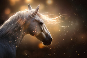 Naklejka na ściany i meble White horse on blurred bright background in a fantasy world