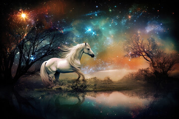 Obraz na płótnie Canvas White horse in the field on background of the sky with stars in a fantasy world