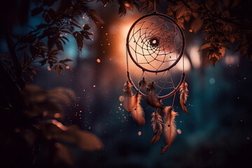 Indian lucky charm dream catcher hanging in the forest and blur background