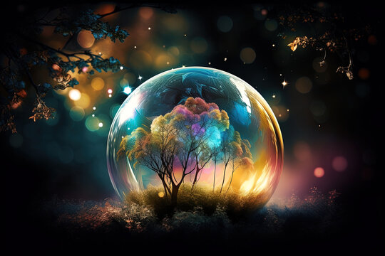 Multicolored trees in transparent glass ball in the forest on colorful blurred background