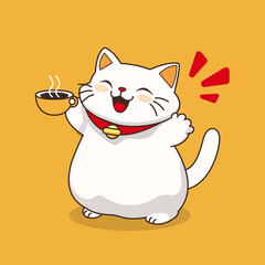 A cute adorable white cat mascot, wearing a red necklace and a bell, is drinking coffee