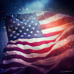 Event celebration. American flag, fireworks and blur background. Soft gradient light