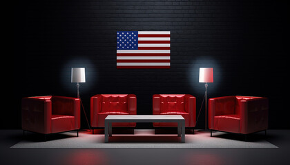 Room with red sofas, table and floor lamps with American flag on dark brick wall