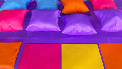 Close-up. Purple, yellow, orange, blue pillows inflate. Pillows float above the floor. 3d illustration