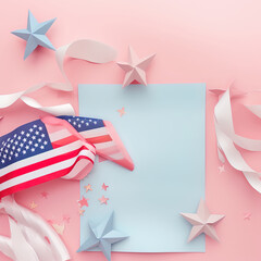 Obraz premium Top view of greeting card and American flag, stars for American events