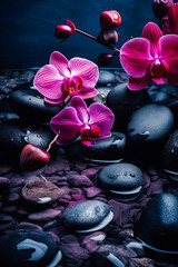 Fototapeta na wymiar illustration of pink orchids on black stones. vertical. Spa concept. generative AI
