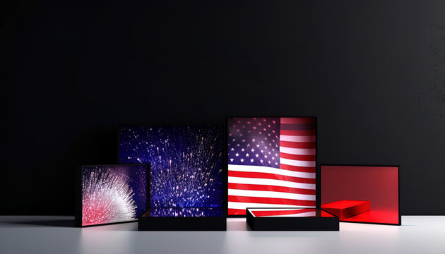 Mock up with the American flag, fireworks and dark gradient background