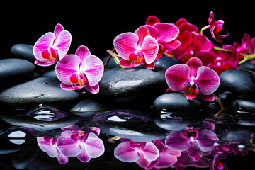 Fototapeta na wymiar illustration of pink orchids on wet black therapy stones. Spa concept. generative AI
