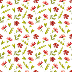 Watercolor stylised red flowers and herbs seamless pattern.  Floral background. Cute texture for decor, print, fabrics, covers, textile, wrapping paper.