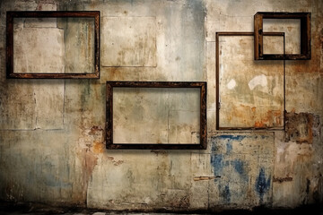 Grunge wall mock up with empty frames. The worn and aged appearance adds character to the mock-up. Generative AI