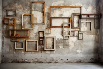 Grunge wall model with worn and aged empty frames in various shapes and sizes. Generative AI