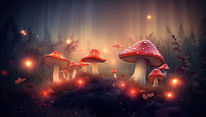 Red mushrooms in an idyllic with lights and blurred background