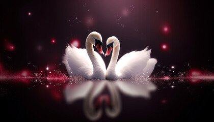 White swans on the lake with dark gradient background for valentine's day