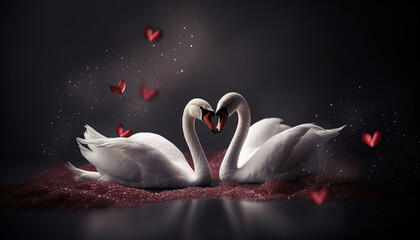 Couple of white swans and red hearts for valentine's day - obrazy, fototapety, plakaty