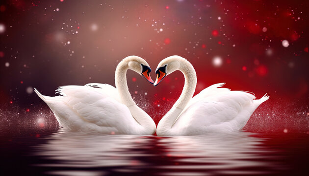 White swans couple on the lake with red gradient background for valentine's day
