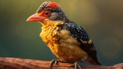 close up of a Red and yellow Barbet