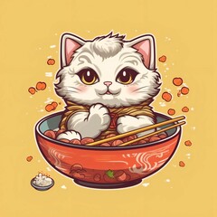 Cute Kawaii Cat with a bowl of ramen