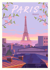 Vector premium travel poster. Beautiful evening view of the Eiffel Tower through cherry blossom branches. There're a view of the rooftops and the panorama of Paris from above. France. - obrazy, fototapety, plakaty