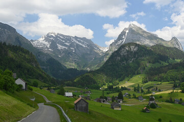 Fototapeta na wymiar View of the swiss alps, Alpstein and Saentis mountain range, in the Appenzellerland and Toggenburg in Switzerland