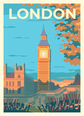 Vector premium travel poster. Big Ben and the Palace of Westminster in the setting autumn sun. Retro style. London, UK.
