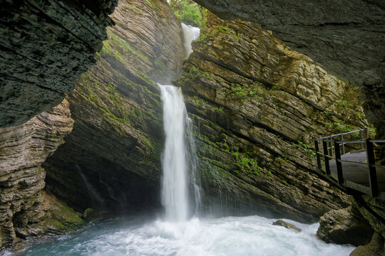 Double thundering waterfalls of the Thur river near its source in the Toggenburg massif in Switzerland