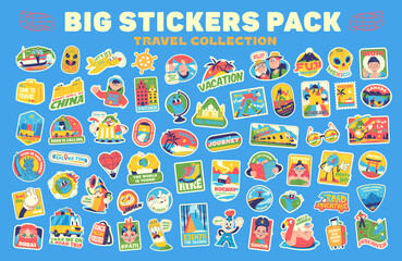 Huge Travel Vector Retro Stickers Pack, Pins, Stamps, Patches. Retro Hand drawn illustration concept. Trendy Cartoon style of 30s. Famous monuments, landmarks and sightseeings.