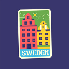 Travel Vector Retro Sticker, Pin, Stamp, Patch. Old houses in the center of Stockholm, Sweden.