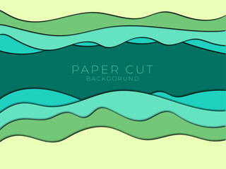 Paper art cartoon abstract waves. Paper carve background. Modern origami design template with text space. Vector illustration. 3d paper layers, green waves eps 10