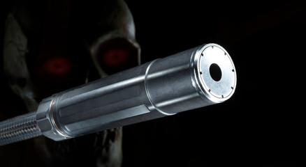 Scary skull behind a rifle silencer