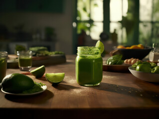 Eine Nahaufnahme eines Glases mit frisch gepresstem grünen Saft, die die leuchtend grüne Farbe und die Frische der Zutaten hervorhebt, die eine entgiftende und verjüngende Wirkung auf den Körper haben